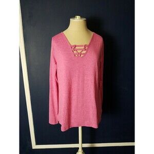 FREE 2 B Size Medium Long Sleeve Women Activewear Laced V Neck Yoga Soft Pink